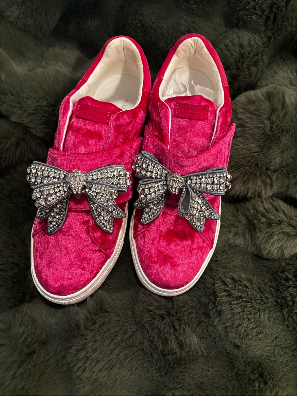 Kurt Geiger Hot Pink Velvet Slip-On Sneakers with Rhinestone Bow